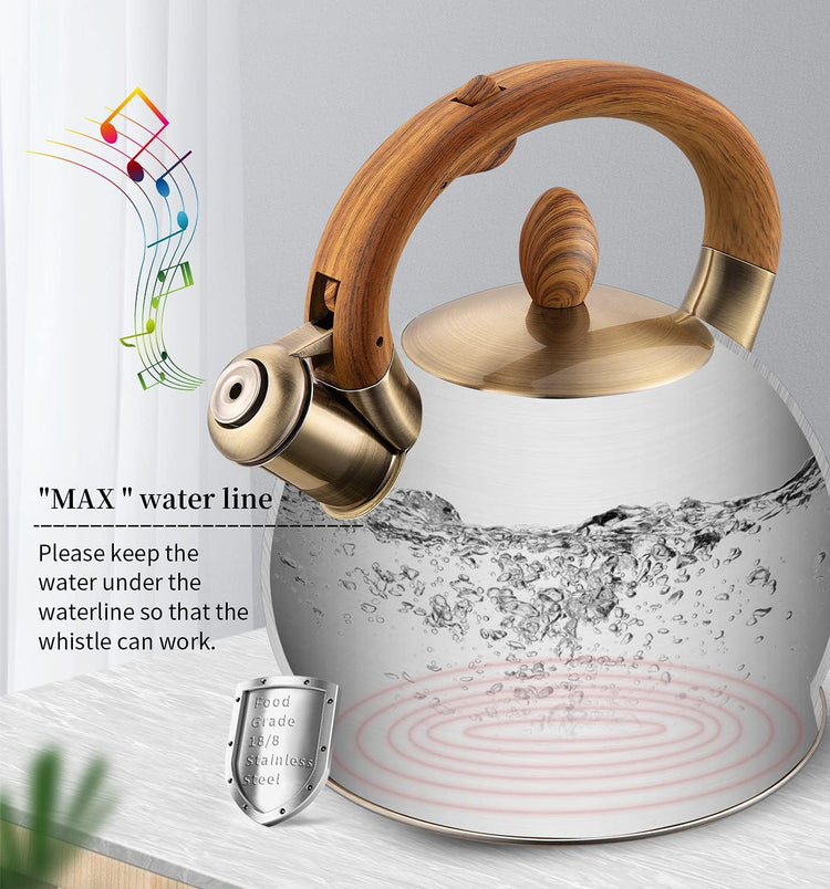 Tea Kettle & Tea Pot, 2.64 Quart Food Grade Stainless Steel Induction Whistling Tea Kettle for Stove Top Home Daily Use Teapot with Cool Touch Ergonomic Handle Polished Black