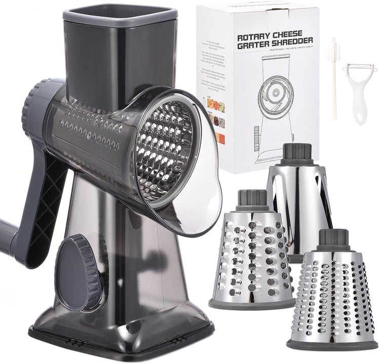Rotary Cheese Grater Hand Crank Cheese Shredder Vegetable Mandoline Slicer for Kitchen 3 in 1 Changeable Blades for Cheese Potato Nuts Chocolate Ice (Grey TSP)