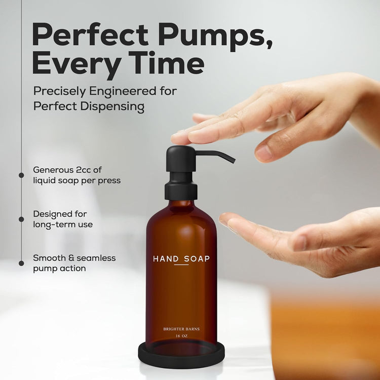 Amber Glass Hand Soap Dispenser Bathroom Set by Brighter Barns - Refillable Liquid Hand Soap Dispenser Tray and Pump Set for Kitchen - Modern Bathroom Decor & Accessories for Airbnb, RV, Hotel (Amber)