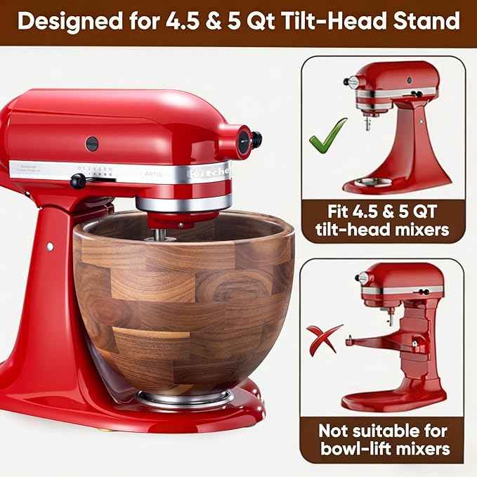 North American Solid Walnut Wood Mixing Bowl for KitchenAid Mixer - Handcrafted Wooden Bowl Compatible with KitchenAid 4.5 & 5 Quart Tilt-Head Stand Mixers