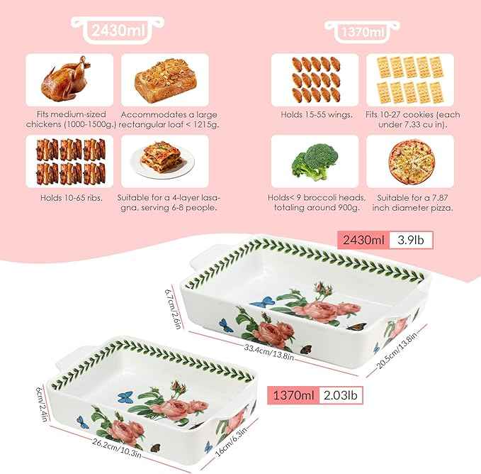 ACMLIFE Ceramic Casserole Dish Set, Ceramic Baking Dish for Oven, Casserole Dish Bakeware Set, Casserole Dishes for Oven, Lasagna Pan, Large Baking Dishes with Handles, Microwave, Dishwasher Safe, Gift Packaging Floral 2 Pcs Set(13"x8"+10.3"x6.3") (Rose)