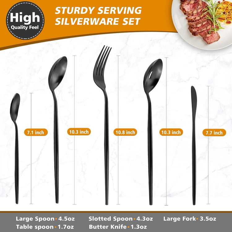 Matte Black Serving Set,Oliviola 5-Piece Stainless Steel Large Hostess Set with Round Edge, Satin Finished, Dishwasher Safe -Large Spoon, Large Fork,Butter Knife,Sugar Spoon & Slotted Spoon