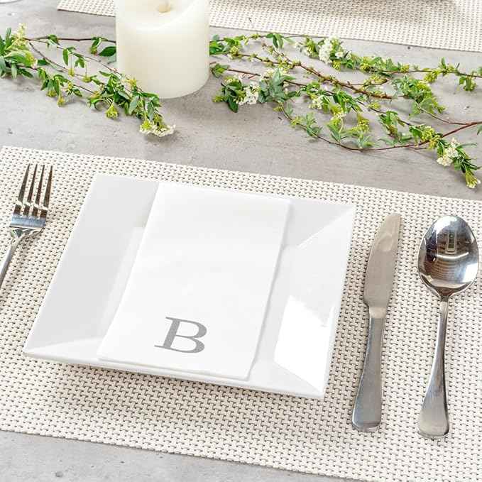Luxenap 15.8 X 7.9 Inch Linen-Feel Guest Towels, 50 Lettered Hand Towels - Silver Letter 'B', Sans Serif Font, White Paper Dinner Napkins, airlaid, For Restrooms And Tables - Restaurantware
