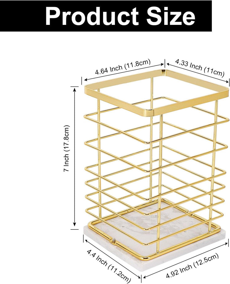 Square Kitchen Utensil Holder, Sturdy Metal Rack for Countertop Storage, Cooking Tools Organizer with Drainage Hole, Stylish Utensil Caddy for Effortless Kitchen Organization, with Marble Base
