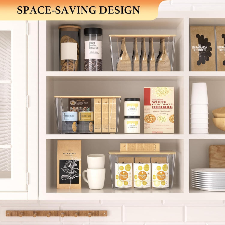 2 Set Pantry Organizers and Storage - Kitchen Organizer with Bamboo Lid for Fruit, Onion, Potato, Vegetable - Clear Stackable Bins for Kitchen Cabinet, Refrigerator, Home Organization