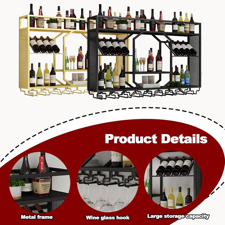 Wall Mounted Wine Rack, 3-Tiers Metal Bar Bottle Holder, Modern Wine Glass Storage Display Shelves, Wall Wine Rack for Kitchen Bar Dining Rooms Decoration (Black, 47.24in/120cm)