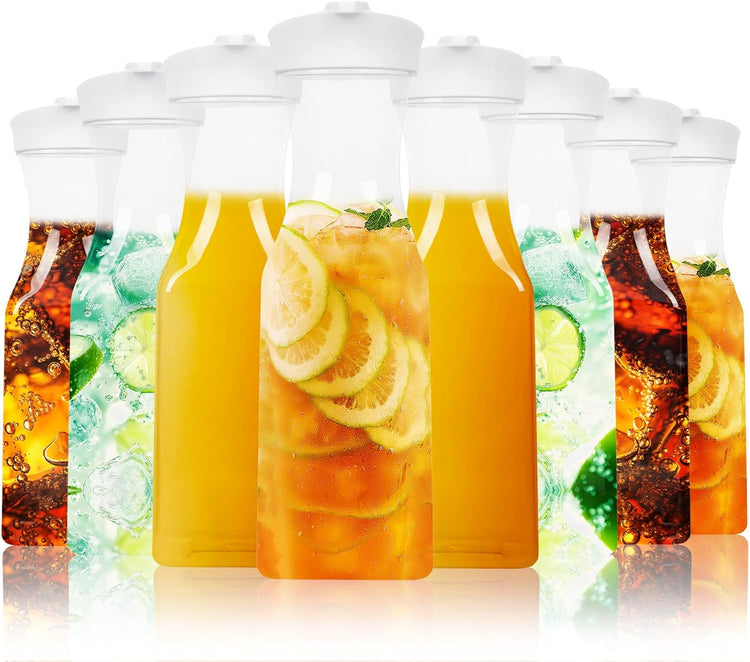 Set of 8 Plastic Carafe with Lid, 1 Liter Carafes for Mimosa Bar,Large Square Base Juice Containers, Water Bottle, Milk Container, Clear Beverage Containers for Fridge