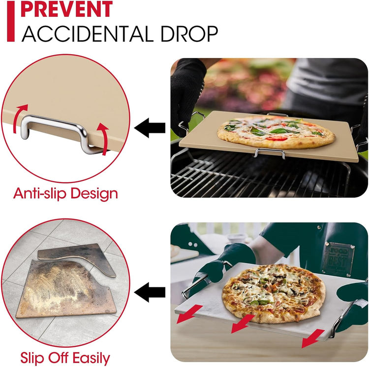 Unicook Pizza Stone for Oven and Grill, 16 x 14 Inch Rectangular Baking Stone for Bread, Cordierite Pizza Pan for Baking Crispy Bread and Cookies, Includes Carry Rack and Dough Scraper
