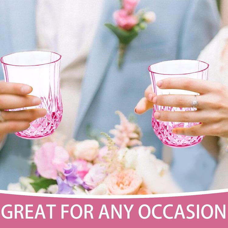 24 PCS Pink Unbreakable Stemless Wine Glasses,9OZ Vintage Colored Plastic Reusable Cups Drinking Glass Goblets Tumblers for Whisky, Beer, Juice, Beverages, Cocktail