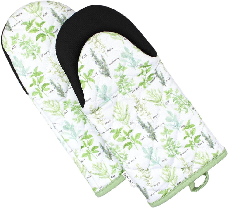 Heat Resistant Designer Kitchen Oven Mitts with Neoprene Non-Slip Grips and Hanging Loops | Set of 2 100% Cotton Long Sleeve Kitchen Oven Mitts | 5.5" x 12" | Green Herbs