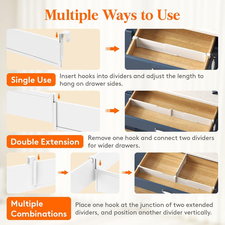Lifewit Hanging Kitchen Drawer Dividers 3.1" High, 10-17" Adjustable Drawer Organizers for Utensils, Expandable Dresser Separators in Kitchen/Bedroom/Bathroom/Vanity/Office, White(8 Pack)
