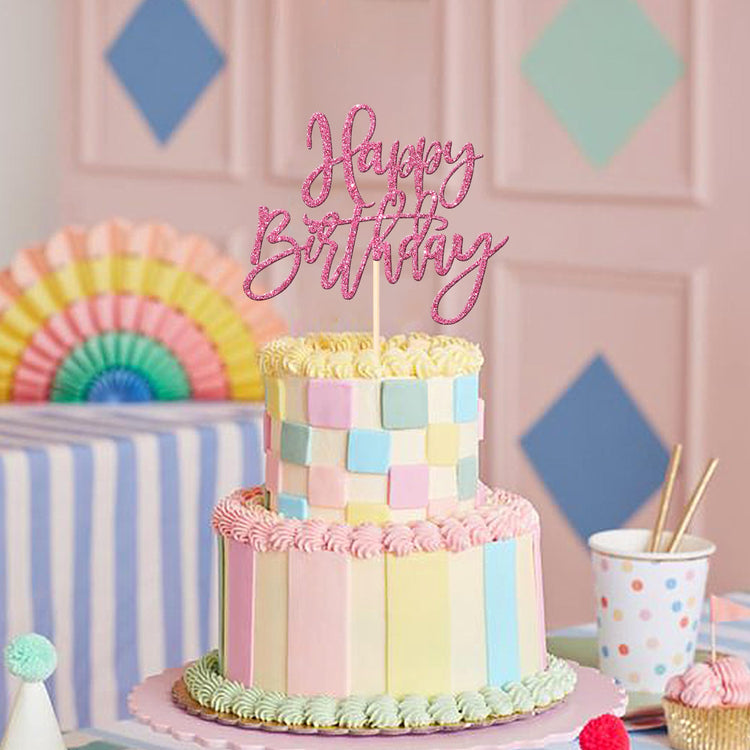 1 PCS Happy Birthday Cake Topper Glitter Happy Birthday Cake Pick for Celebrating Happy Birthday Anniversary Theme Party Cake Decorations Supplies Pink
