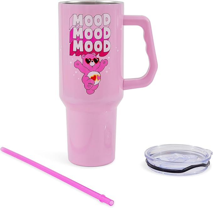 Silver Buffalo Care Bears “Mood” Double Walled Stainless Steel Tumbler with Handle Featuring Love-A-Lot Bear, Fits in Standard Cup Holder, 40 Ounces