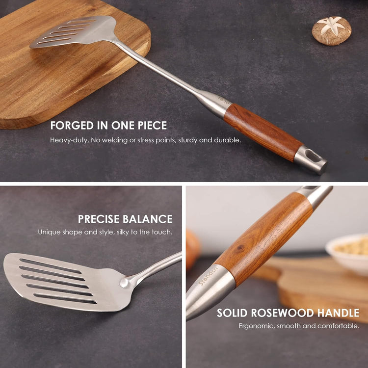 18/10 Stainless Steel Kitchen Utensils Set with Wood Handle - 15”Metal Cooking Tools & Serving Utensil, 8-Pieces Cooking Spoons Set - Spatula, Ladle, Skimmer, Turner, Pasta, Solid Spoon, Slotted Spoon