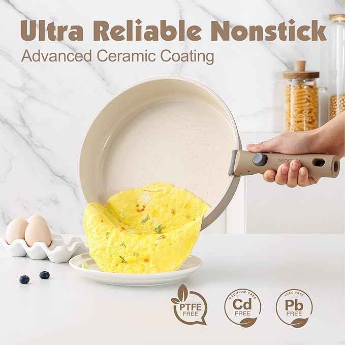 SENSARTE 24 Piece Ceramic Pots and Pans Set, Nonstick Detachable Handle Cookware, Induction Cookware Set with Removable Handle, Healthy Non Stick for RV, Dishwasher&Oven Safe, PFOA Free (Almond Beige)