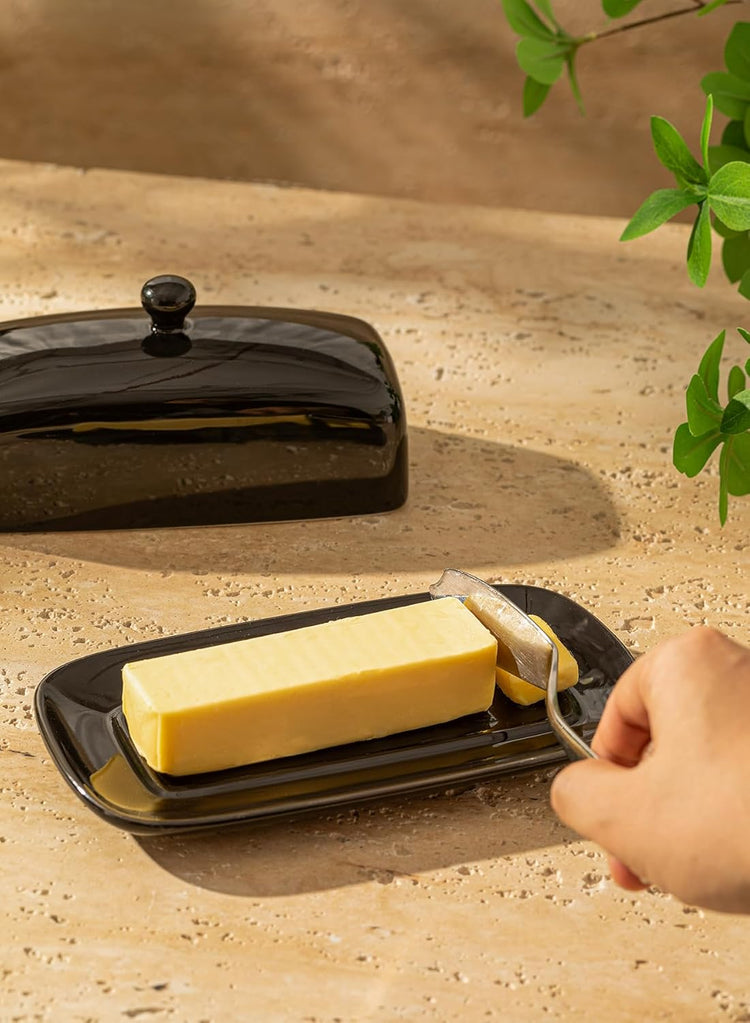 Sweese Butter Dish with Lid, Porcelain Butter Keeper, 7.8 Inch Butter Holder with Handle Cover, Butter Container Perfect for East West Coast Butter, Black