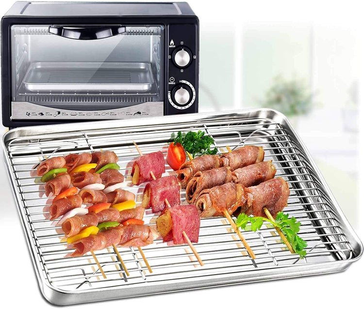 TeamFar Baking Pan with Rack Set of 4, 12.5’’ x 9.5’’ Stainless Steel Toaster Oven Baking Pan with Cooling Rack, Healthy & Non Toxic, Easy Clean& Mirror Finish, Dishwasher Safe - (2 Pans + 2 Racks)