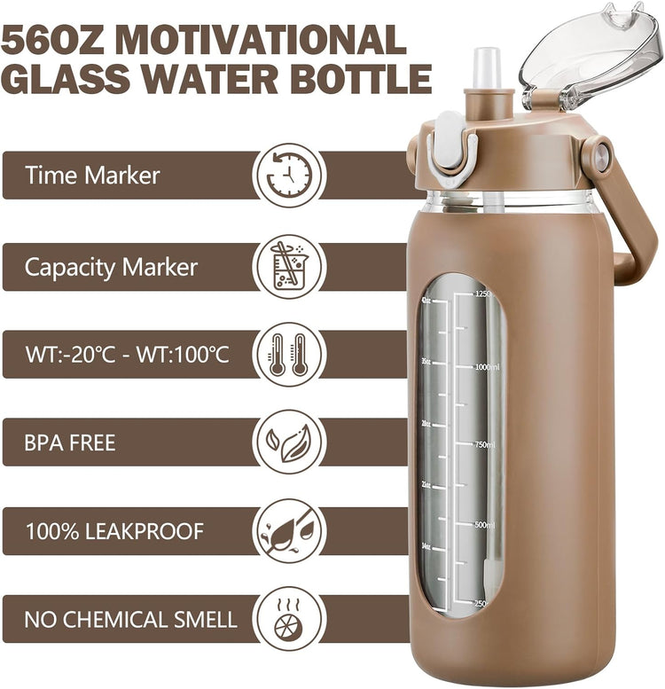 kytffu 56oz Glass Water Bottles with Straw, Motivational Glass Bottle with Silicone Sleeve and Time Marker, Leakproof Large Glass Water Jug for Gym Home Office,Amber