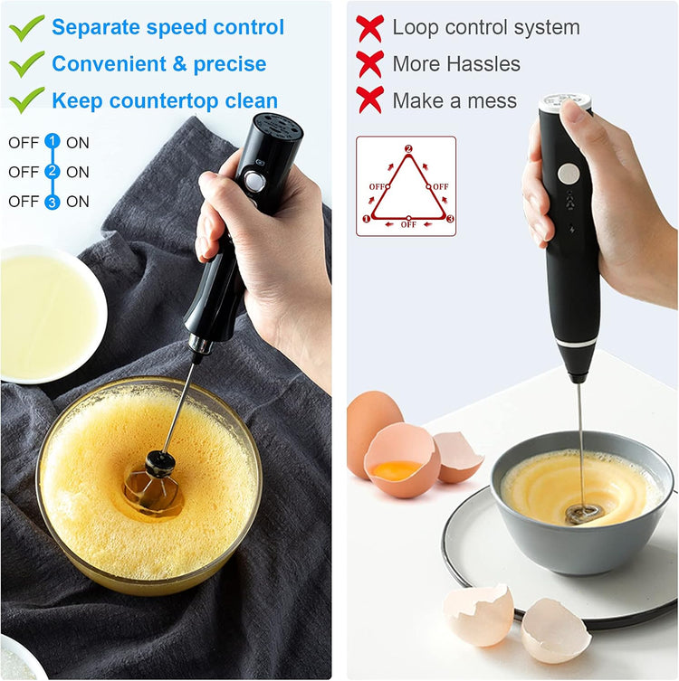 WanderLand Rechargeable Handheld Milk Frother Wand for Coffee,Drink Mixer with Stainless 2 Whisks, Electric Whisk 3 Speeds Adjustable, for Latte, Cappuccino, Hot Chocolate (Black)