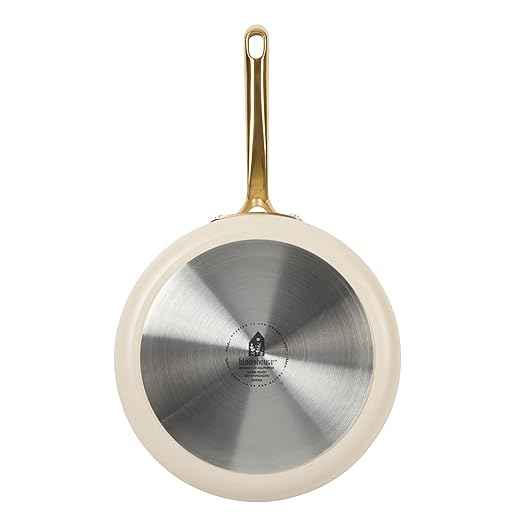 Bloomhouse - Two Time Oprah's Favorite Things Winner - 10 Inch Heavy Duty Aluminum Premium PFA Free Ceramic Nonstick Saute/Deep Frying Pan Skillet with Lid - Almond Cream w/Gold Handle