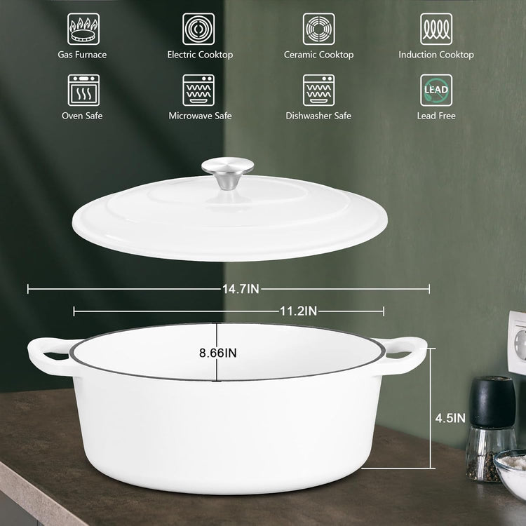 5QT Oval Dutch Oven Pot with Lid, Leonyo 5 Quart Enameled Oval Cast Iron Dutch Oven for Sourdough Bread Breaking, Heavy Duty Cookware for Braising, Stews, Roasting, White - Nestoria