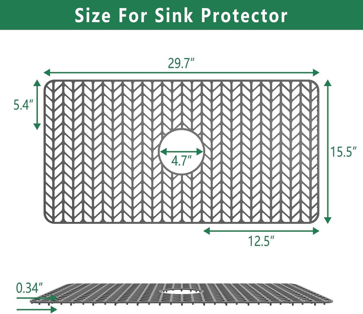 GUUKIN Sink Protectors for Kitchen Mat - 30"x 16" Silicone Kitchen Sink Mat Grid for Bottom of Farmhouse Stainless Steel Porcelain with Center Drain(Grey)