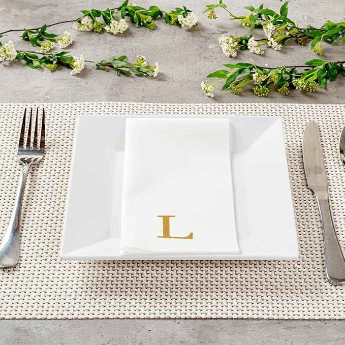 Luxenap 15.8 X 7.9 Inch Linen-Feel Guest Towels, 2000 Lettered Hand Towels - Gold Letter 'L', Sans Serif Font, White Paper Dinner Napkins, airlaid, For Restrooms And Tables