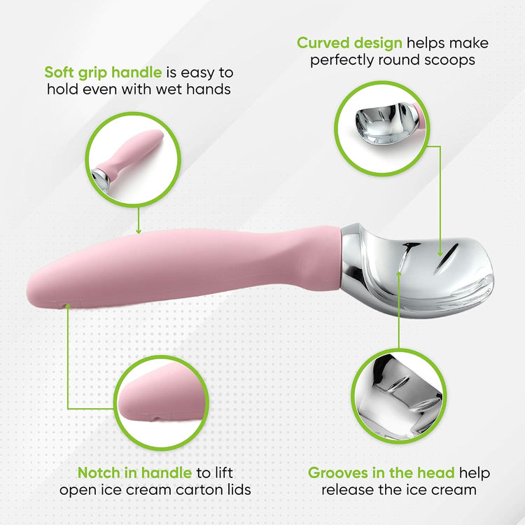 Spring Chef Ice Cream Scoop with Soft Grip Handle, Professional Heavy Duty Sturdy Scooper, Premium Kitchen Tool for Cookie Dough, Gelato, Sorbet, Pink Lemonade
