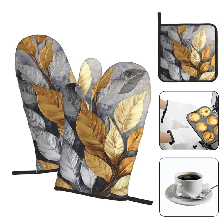 Gold Silver Tropical Leaves Oven Mitts and Pot Holders Sets of 3 (3 Count)