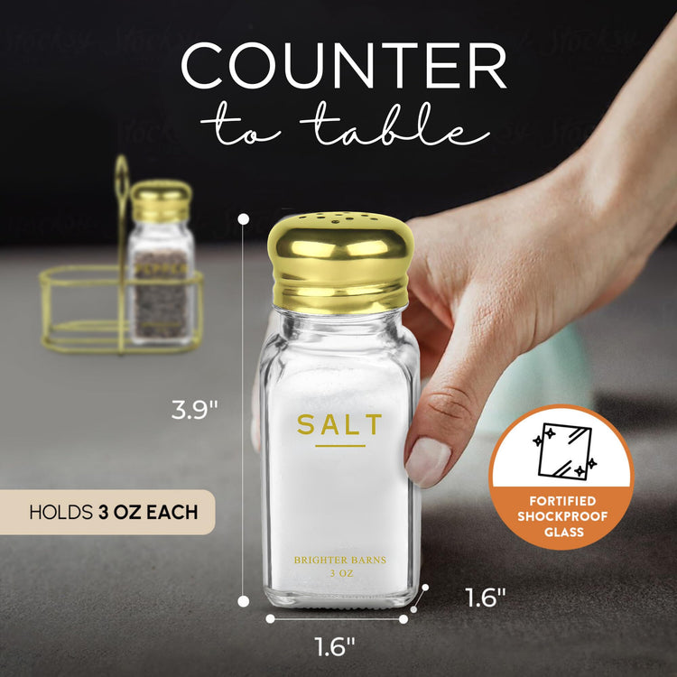 Gold Salt and Pepper Shakers Set with Holder by Brighter Barns