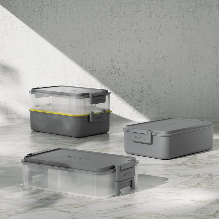 linoroso Stackable Bento Box Adult Lunch Box | Meet All You On-the-Go Needs for Food, Salad and Snack, Premium Bento Lunch Box for Adults Include Utensil Set, Dressing Containers - Ultimate Gray