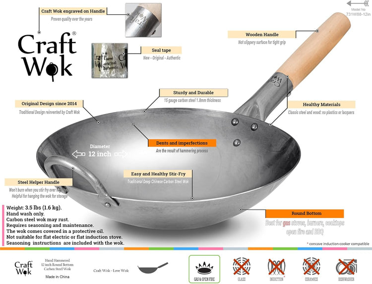 Craft Wok Traditional Hand Hammered Chinese Carbon Steel Wok with Wooden and Steel Helper Handle (12 Inch, Round Bottom Pow Wok Pan) / 731W88-12in