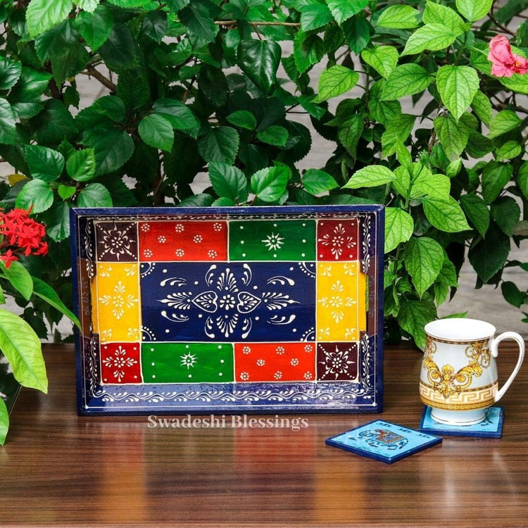 Swadeshi Blessings Wooden Serving Tray Set- Handcrafted & Hand-Painted for Kitchen/Table & Home Decor/Dinning/Gifts/Restaurants/Living Room/Coffee Table (Set of 3 Trays) (Blue)