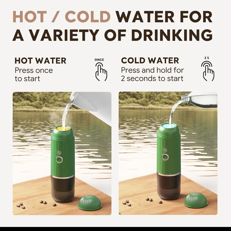 Rich Crema Portable Electric Espresso Coffee Maker, Fast self-heating 2 IN 1 Extraction System Espresso Machine, Support Ground Coffee and NS capsule, for Travel、Car、Hiking、Climbing(Green)