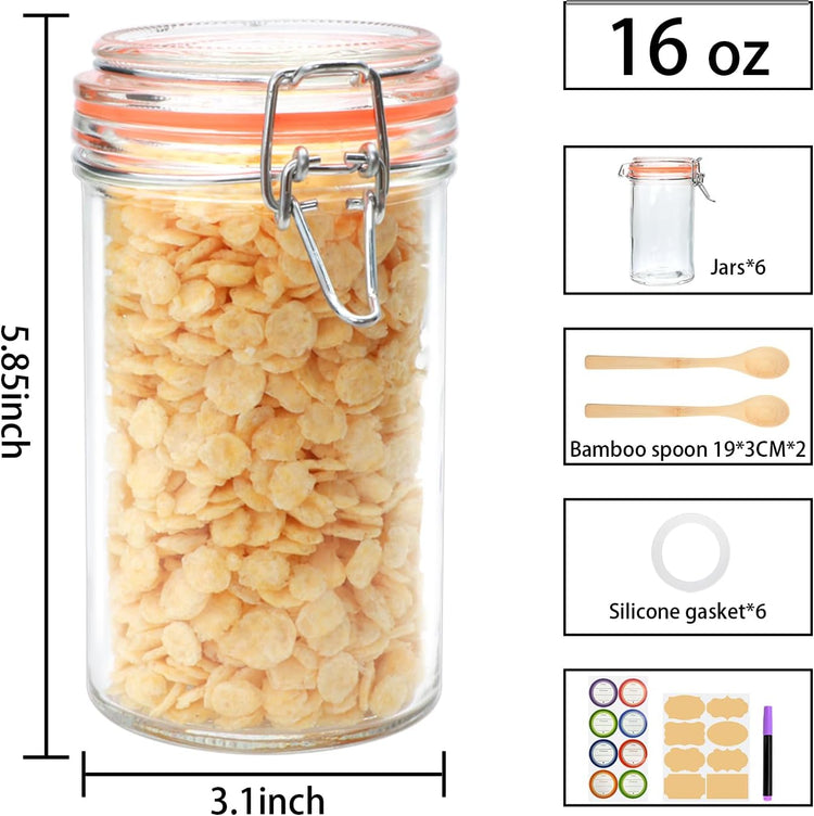 16 oz Glass Jars with Airtight Lid, Set of 6 Mason Jars 16 oz, Glass Storage Jars, Airtight Glass Jars, Canning Jar,Glass Canister with Seal for Pickle, Vanilla, Cookie, Jelly