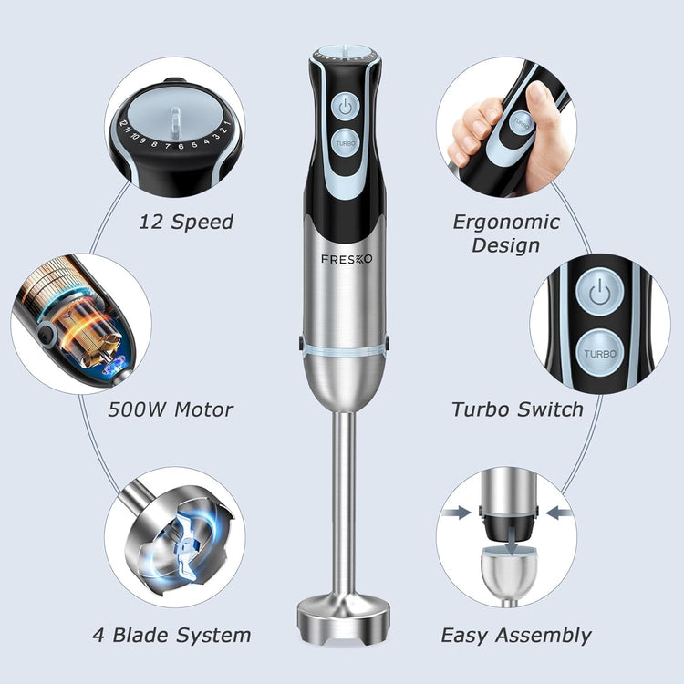 FRESKO Immersion Blender Handheld, 4-in-1 Stainless Steel Hand Electric Stick Mixer with 12-Speeds & Turbo Mode, Powerful 500W Emulsion Blender with Beaker, Chopper & Whisk