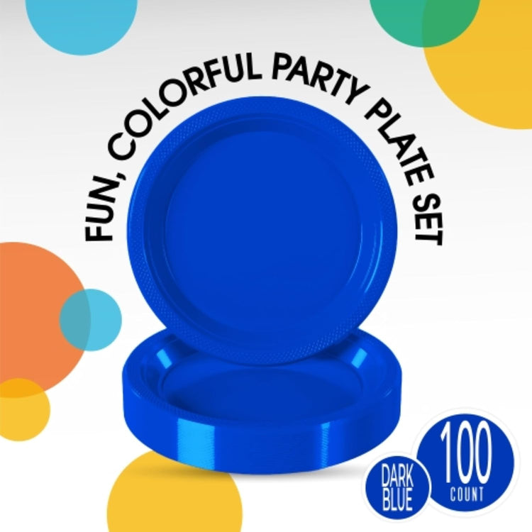 Exquisite Party Solids Dark Blue Plastic Plates For Party 9" Dark Blue Disposable Plates Heavy Duty Supplies 100 Pcs Plastic Dinnerware Sets Heavy Duty 350 GSM Disposable Dinnerware Set