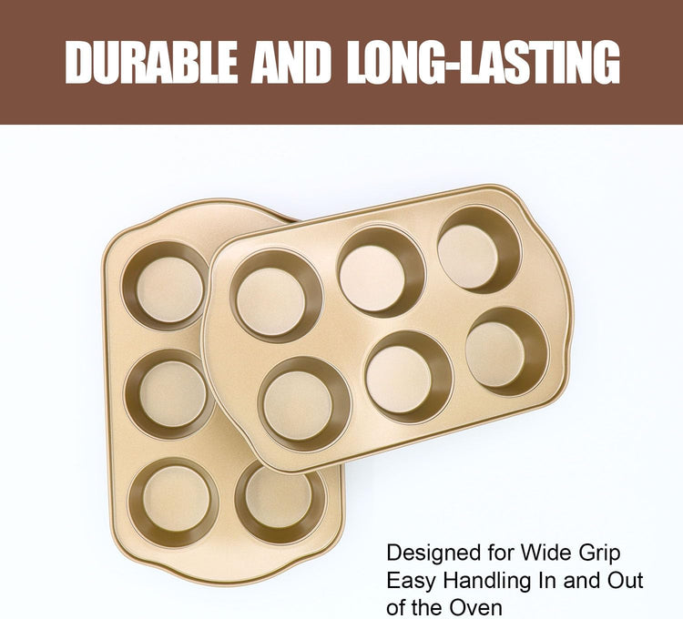Nonstick 6 Cup Standard Muffin Pan, Cupcake Pan Set, Muffin Tins for Oven, 2 Pack, Gold