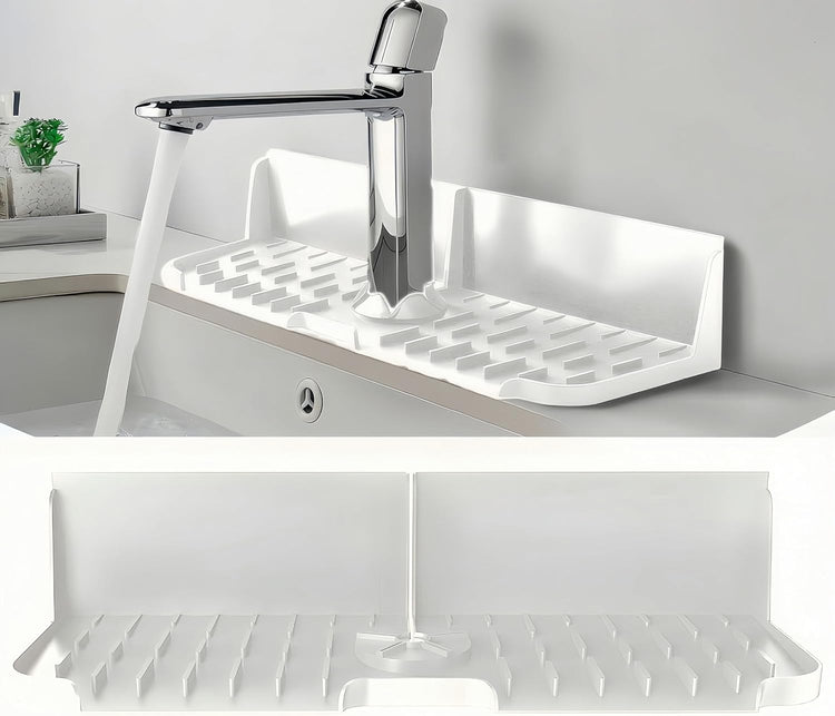 Silicone Kitchen Sink auto Drain Organizer, Kitchen countertop and Sink Splash Guard.Kitchen Sponge Rack and organizing Shelf,Suitable for Cleaning Tools, dispensers, Bottles, Cups (Transparent)