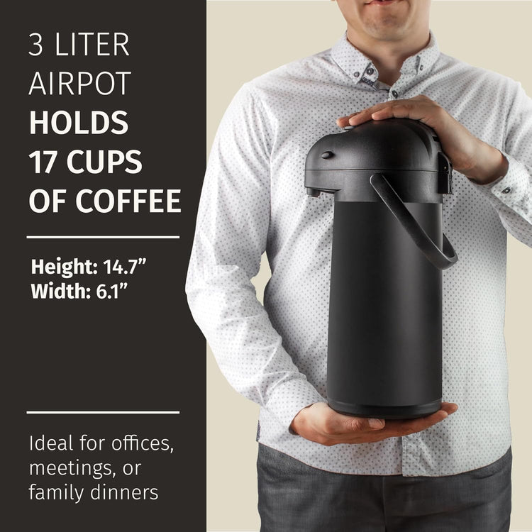 Airpot Coffee Dispenser With Pump, Black - 12 Hours Hot Water Dispenser with Pump, 36 Hours Cold - Coffee Thermal Carafe for Hot Drinks, Tea Flask for Beverages -Large Carafe w/ One-Handed Dispensing
