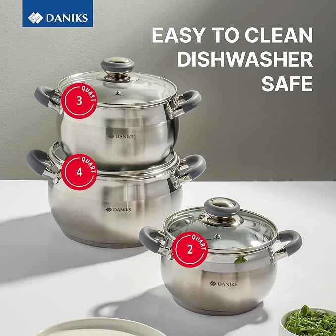 Daniks Modern 6-Piece Stainless Steel Cookware Set with Glass Lids, Tri-Ply Bases for Even Heating, Induction Compatible, Dishwasher Safe, Heatproof Handles