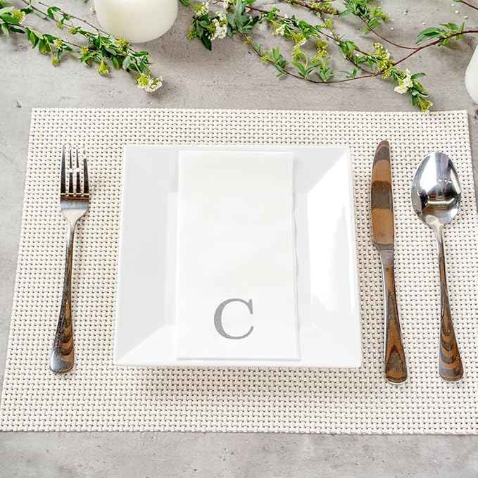 Luxenap 15.8 X 7.9 Inch Linen-Feel Guest Towels, 2000 Lettered Hand Towels - Silver Letter 'C', Sans Serif Font, White Paper Dinner Napkins, airlaid, For Restrooms And Tables - Restaurantware