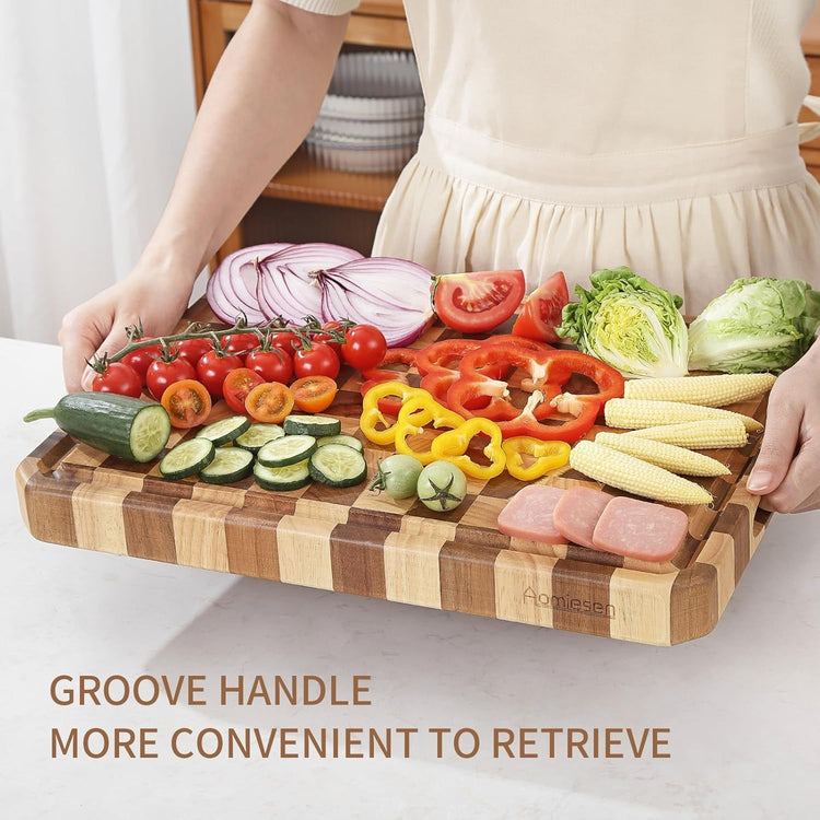 Large wood Cutting Board for Kitchen with Juice Handles , Chopping Board Cheese Charcuterie Board (Checkered cutting board)