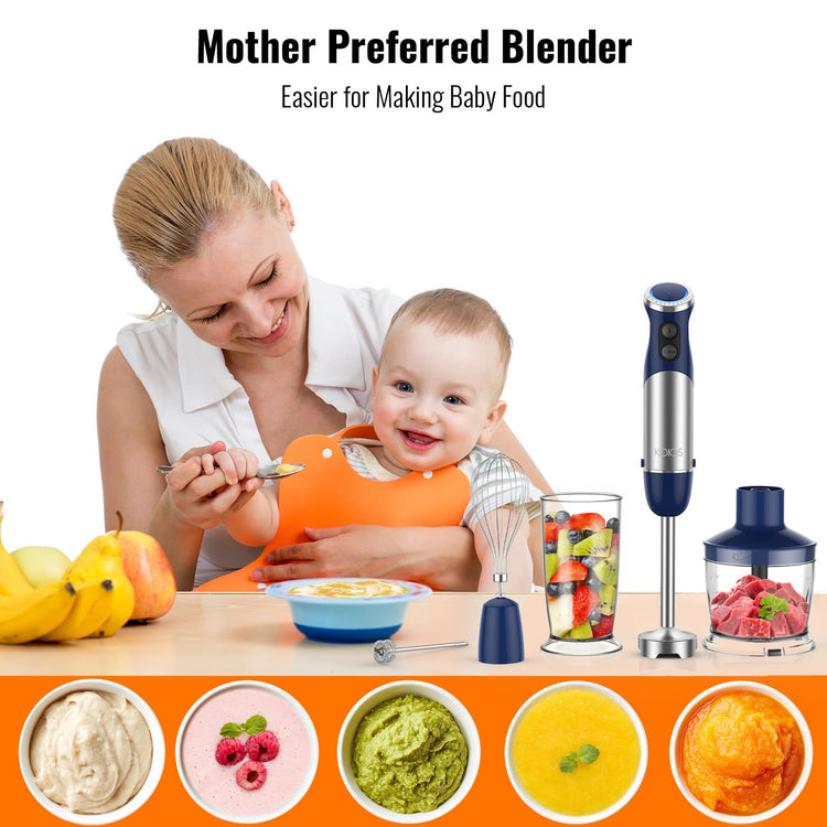 5-in-1 Hand Immersion Blender, 12 Speed Adjustable Emulsifier Handheld Blender, 1000W Copper Motor Stainless Steel Blade Hand Mixer with attachments, Blue