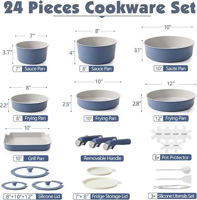 SENSARTE 24 Piece Ceramic Pots and Pans Set, Nonstick Detachable Handle Cookware, Induction Kitchen Cookware Set with Removable Handle, Healthy Non Stick for RV, Dishwasher&Oven Safe, PFOA Free (Navy)
