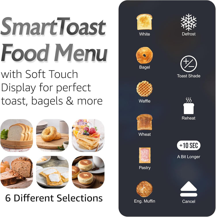 Elite Gourmet ECT5924D SmartToast Digital Long Slot 4 Slice Toaster, 1.5” Wide Slots for Thick Breads & Bagel Function, LED Touch Screen, Countdown Timer, 6 Shades, Stainless Steel