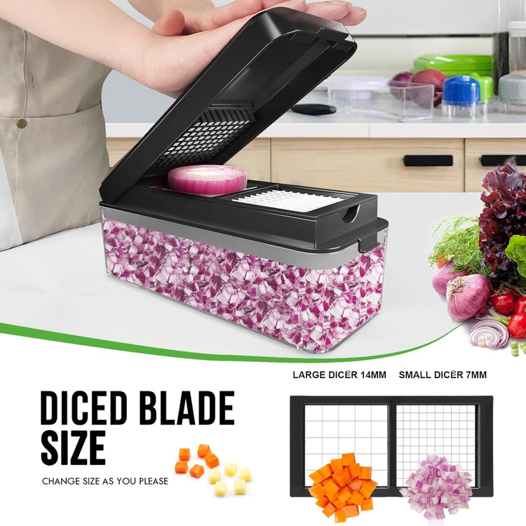 Vegetable Chopper, Onion Chopper Dicer, Mandoline Slicer, Food Chopper with Container, Vegetable Cutter for Salad Potato Carrot Garlic(2 Blades, Black)