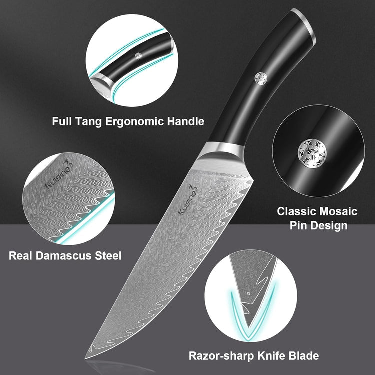 Damascus Knife Block Set,Sharp Knife Set,Ergonomic Non-slip Handle,Chef Knife Set with Built-in Sharpener,Luxury Gift for Holiday(Silver,14PCS)