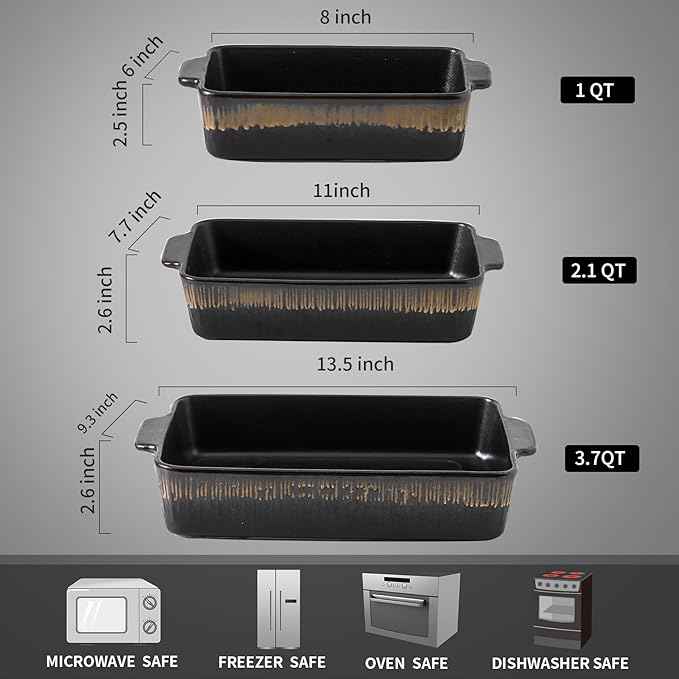KOOV Bakeware Set, Ceramic Baking Dish, Rectangular Baking Pans Set, Casserole Dish for Cooking, Cake Dinner, Kitchen 9 x 13 Inches, 3-Piece, Stripe Series (Rough Black)