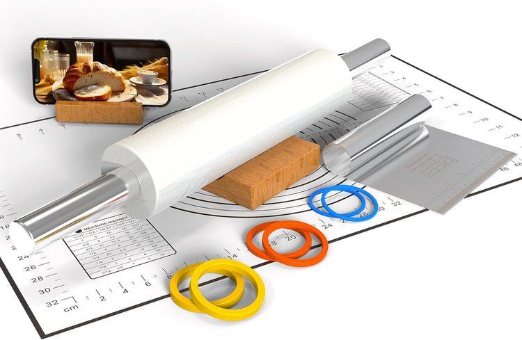Marble Rolling Pin with Pastry Baking Mat and Stainless Steel Dough Cutter, 18.5â (Includes handle) Rolling Pin for Baking Cookie Crust Crisp Pizza with 3 Thickness Rings and Wood Stand